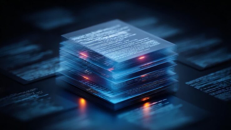 A Stacked Arrangement of Glowing Digital Documents with Abstract Data Patterns in a Dimly Lit Environment, Highlighting Modern Information Manipulation Techniques