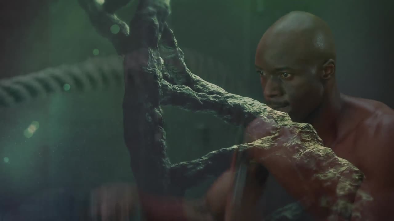 animación de cadena de adn sobre hombre fuerte haciendo ejercicio en el gimnasio