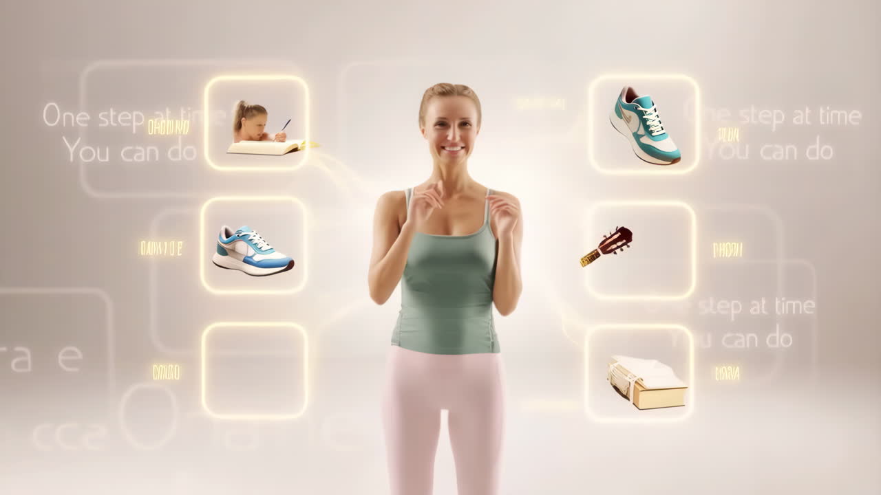 Inspirational Woman Surrounded by Symbols of Success