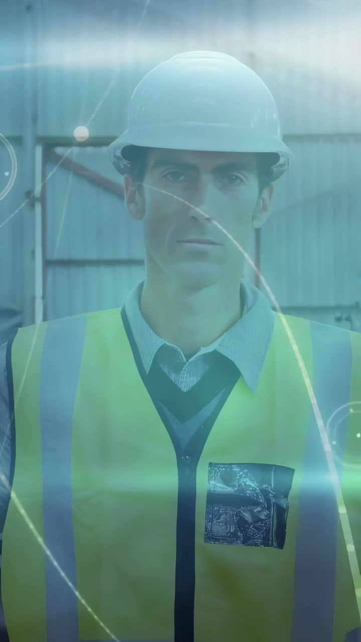 Video verticale: Operaio in cantiere con giubbotto ad alta visibilità in posa mentre la telecamera panoramica mostra casco e HUD.