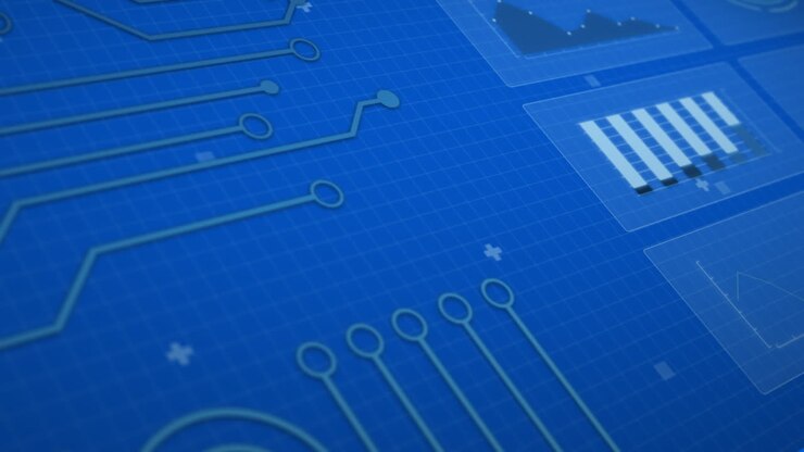 Animation of interface with data processing and microprocessor connections against blue background