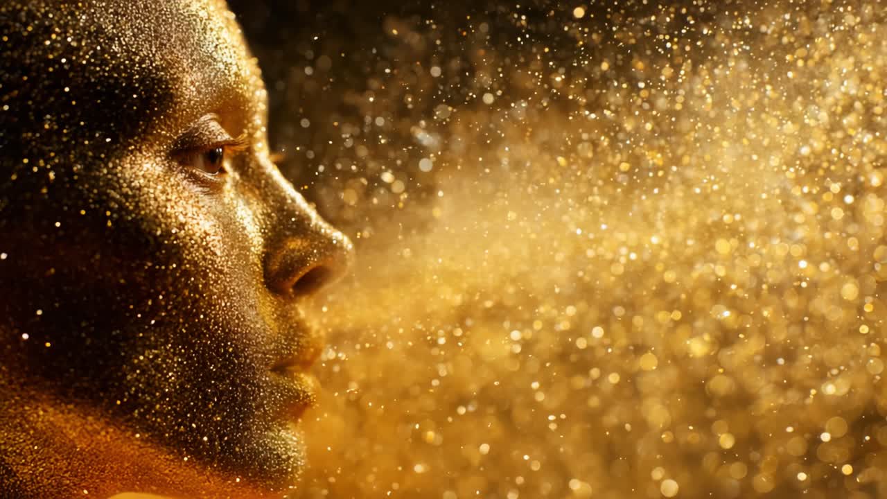 An ethereal display of shimmering gold particles envelops a serene face, showcasing the beauty and artistry of body art, and capturing a moment filled with magical allure and visual intrigue