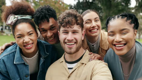 group of friends taking a selfie in a park