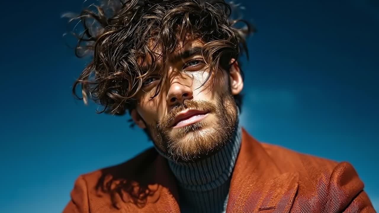 A man with curly hair and a beard wearing a brown jacket