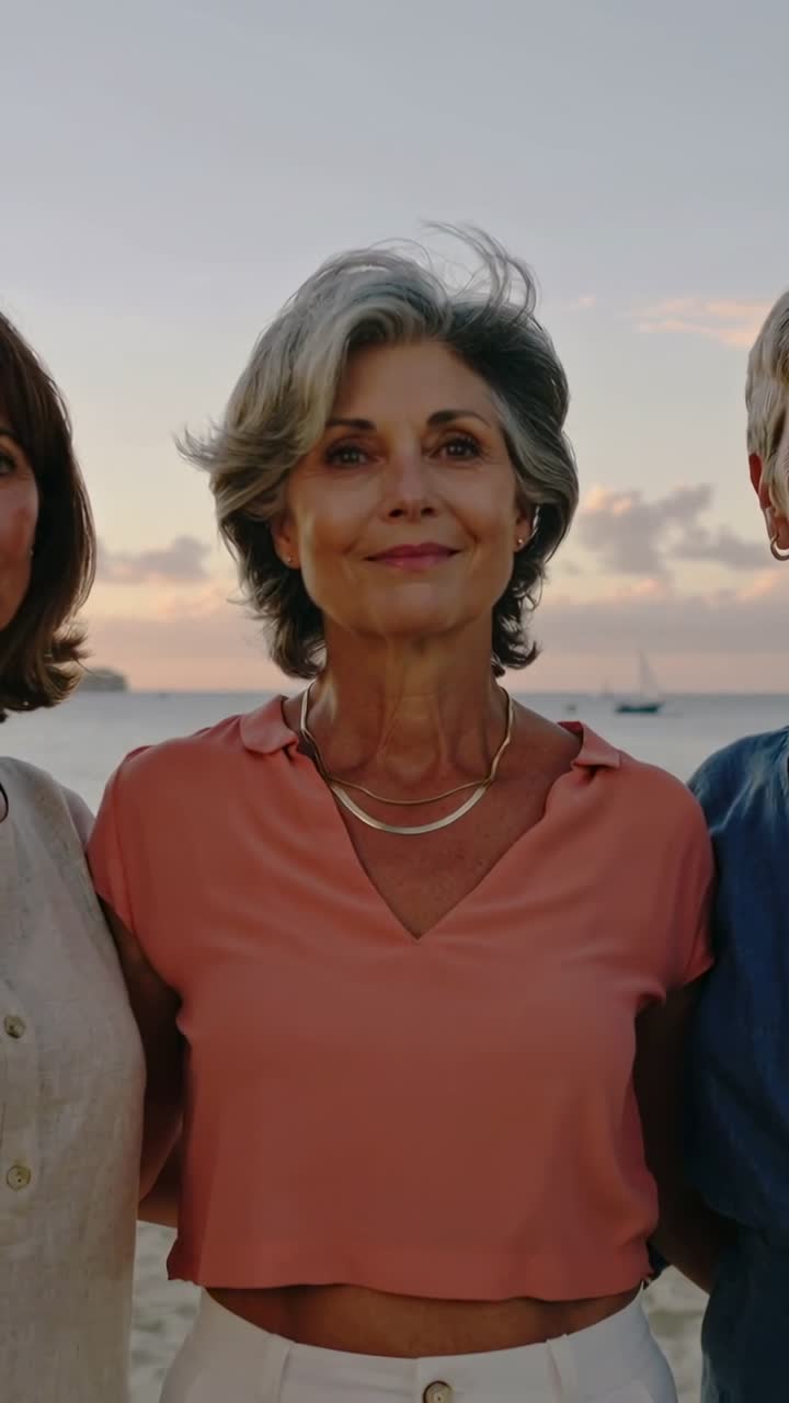 Vídeo vertical: Câmera com zoom focando mulher de braços dados sorrindo na praia ao entardecer, usando blusa coral e colar.