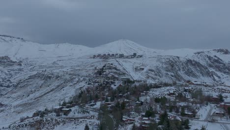 aerial establishing shot of farellones with el colorado ski resort in the background
