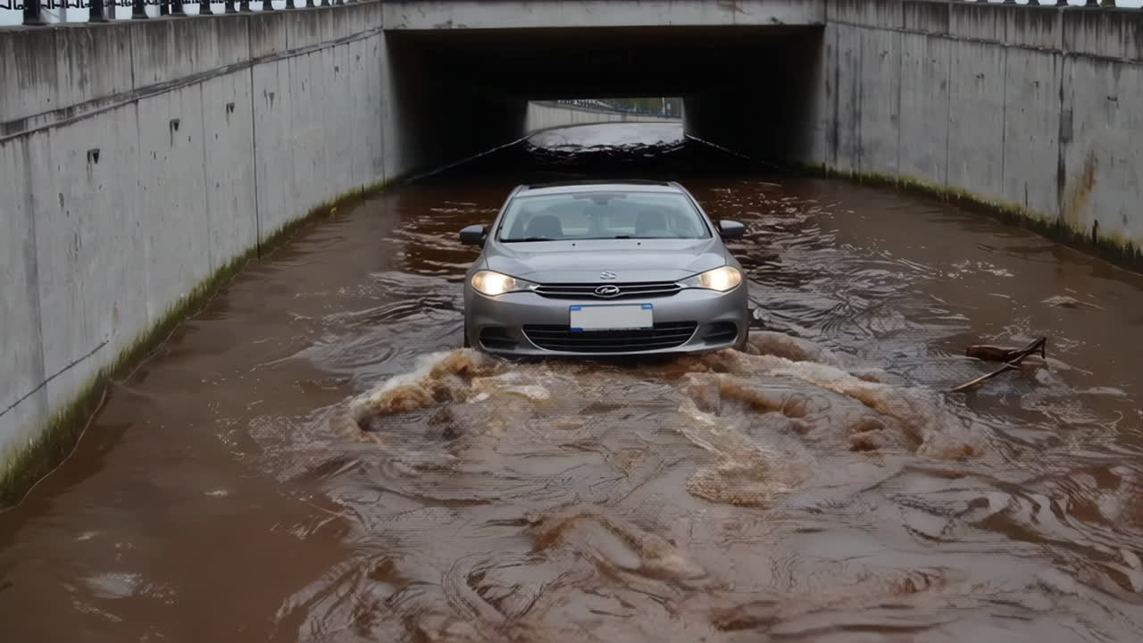 Car Driving Through a Flooded Tunnel