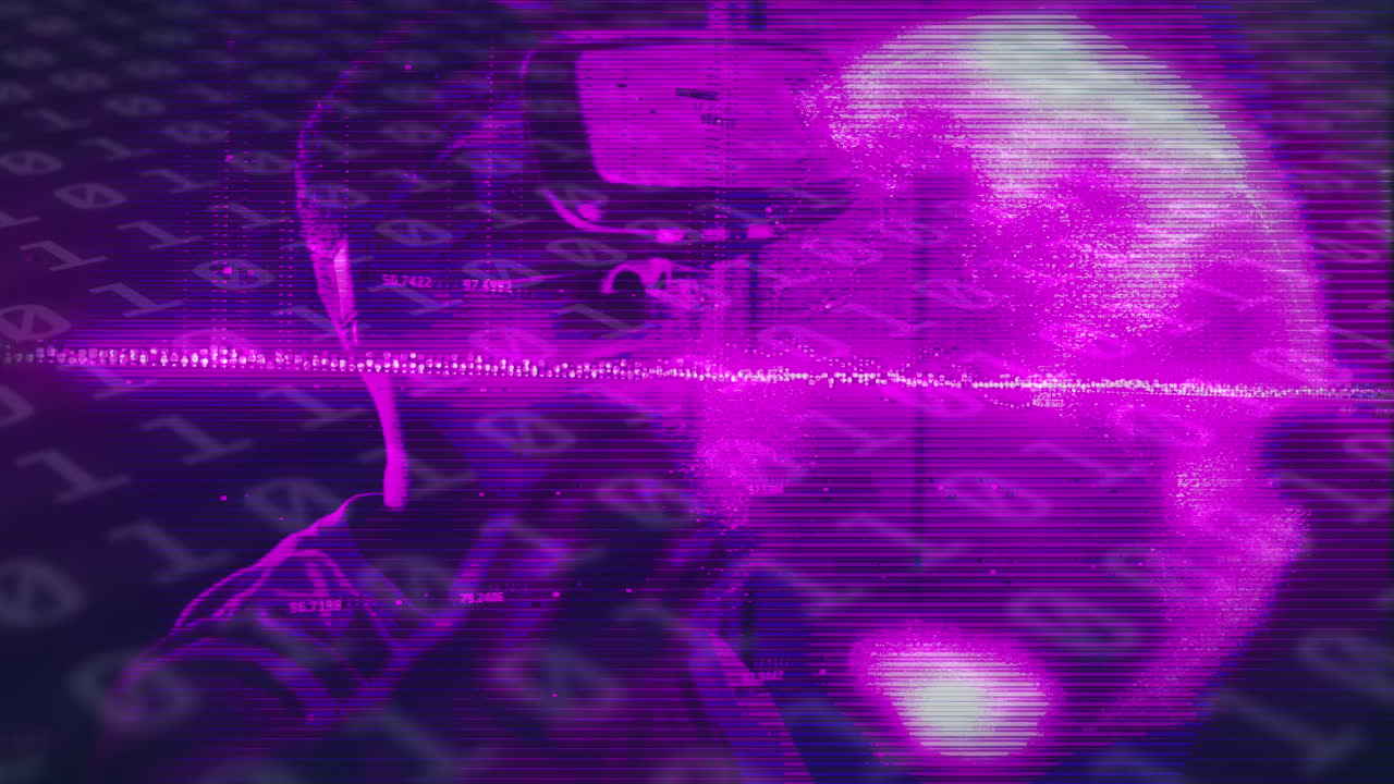 animación de procesamiento de datos de codificación binaria sobre un hombre afroamericano que usa auriculares vr