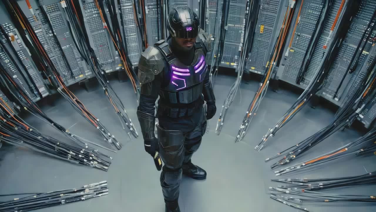 Futuristic cyberpunk warrior in server room