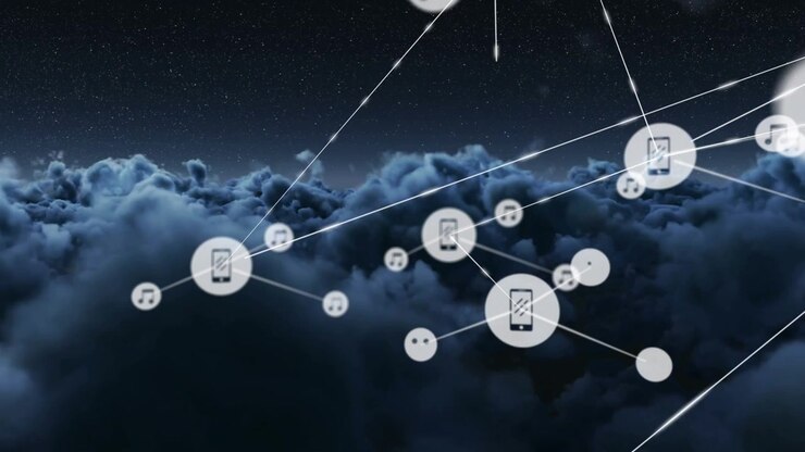 Animation of network of connections with icons over sky with clouds