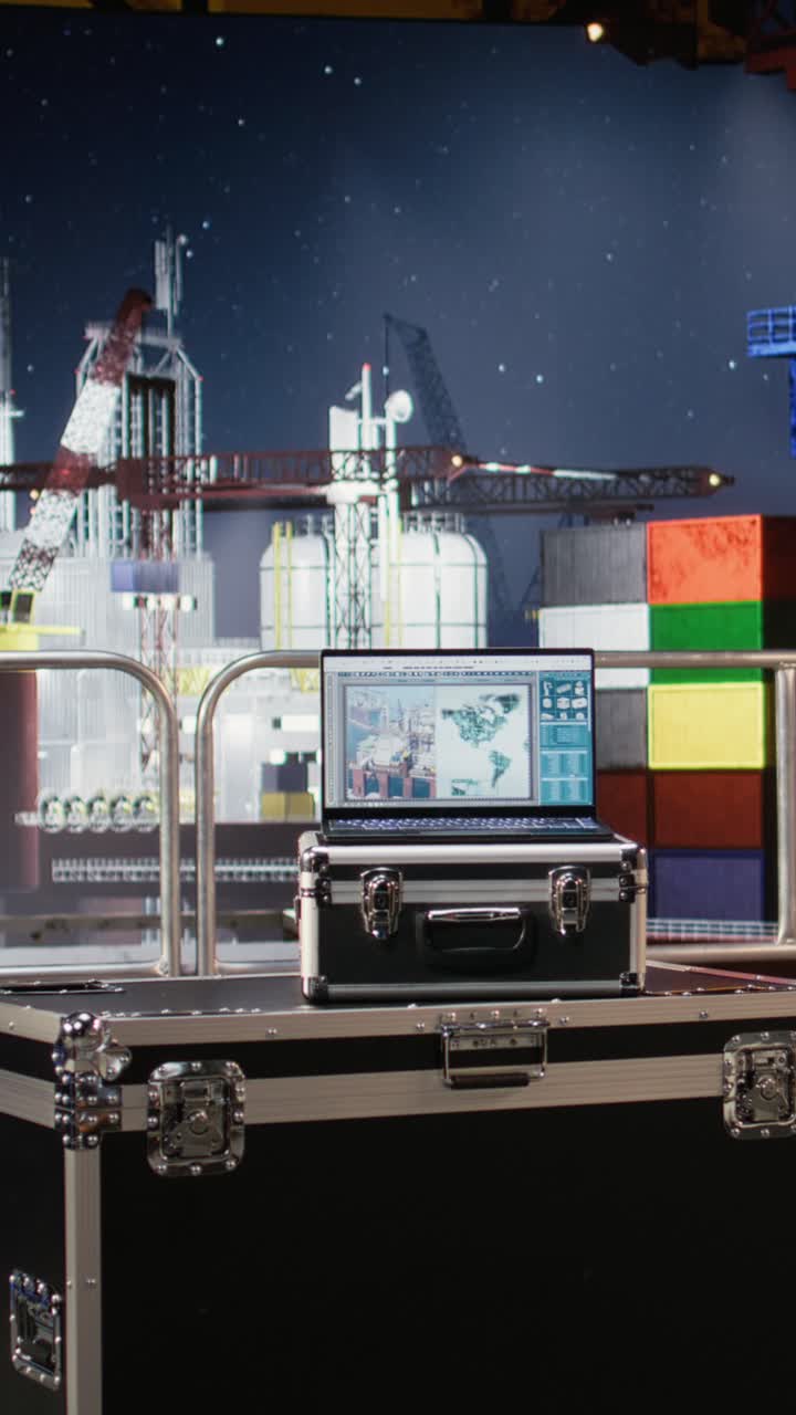Vertical Video Laptop screen shows visualization monitoring software on empty offshore platform