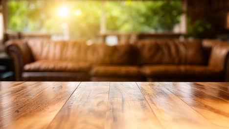 una mesa de madera con un sofá en el fondo