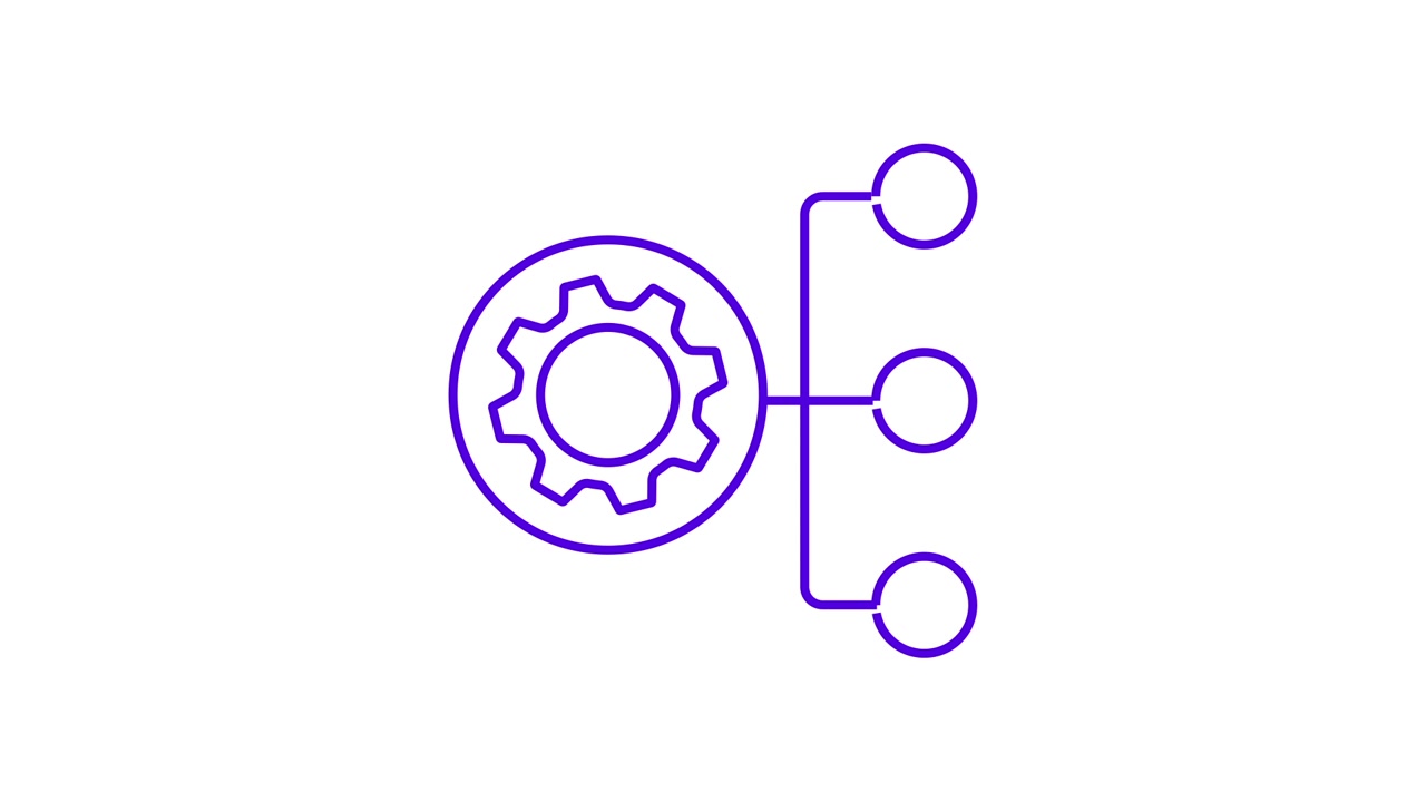 Animated Gear Icon with Branching Connections Representing Process Flow