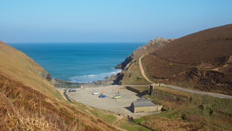 Panoramic-View-Of-Chapel-Porth-Beach-And-Carpark-In-North-Cornwall-Coast-In-United-Kingdom