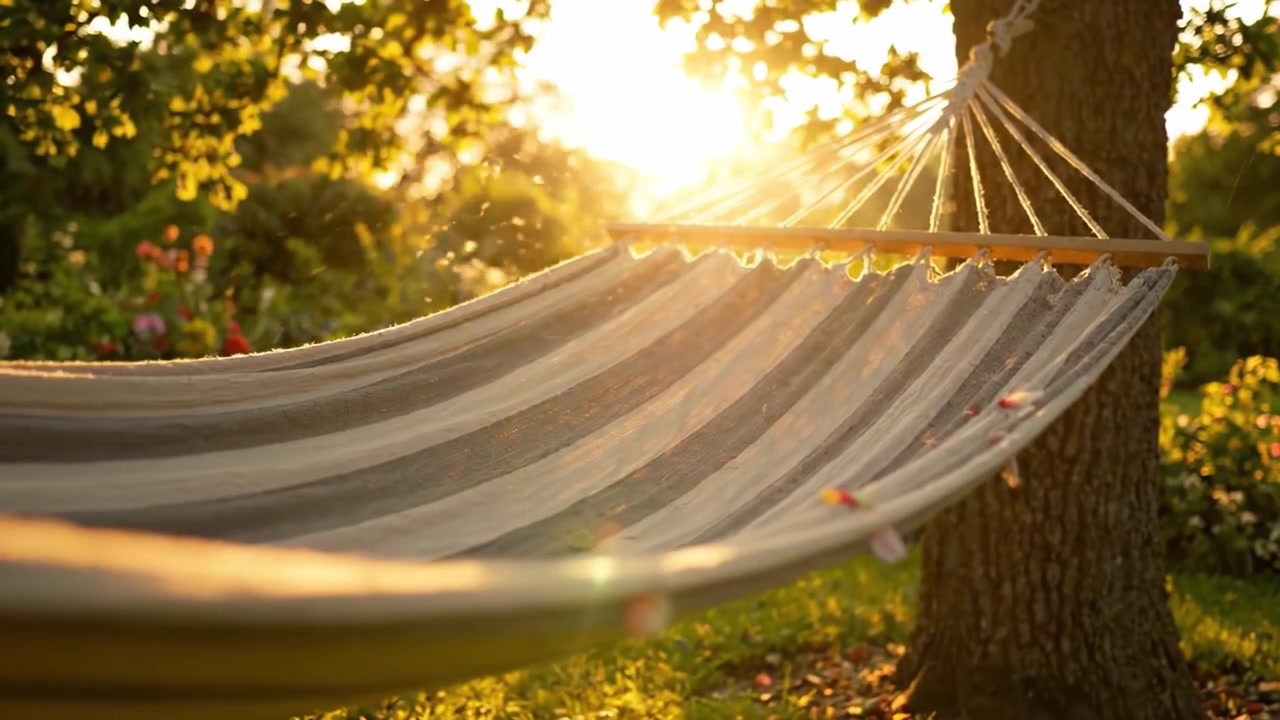 Una serata tranquilla nella natura: un'amaca rilassante nascosta tra gli alberi, bagnata dalla calda luce del tramonto, circondata da una vegetazione lussureggiante e fiori vivaci.