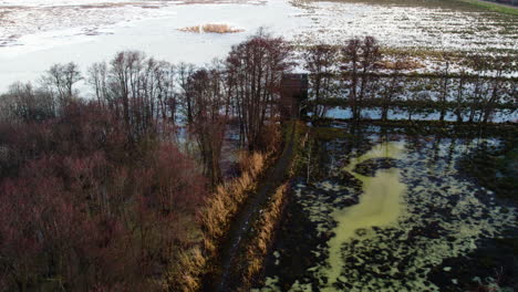 sendero de senderismo a una torre de observación de aves en invierno, aéreo