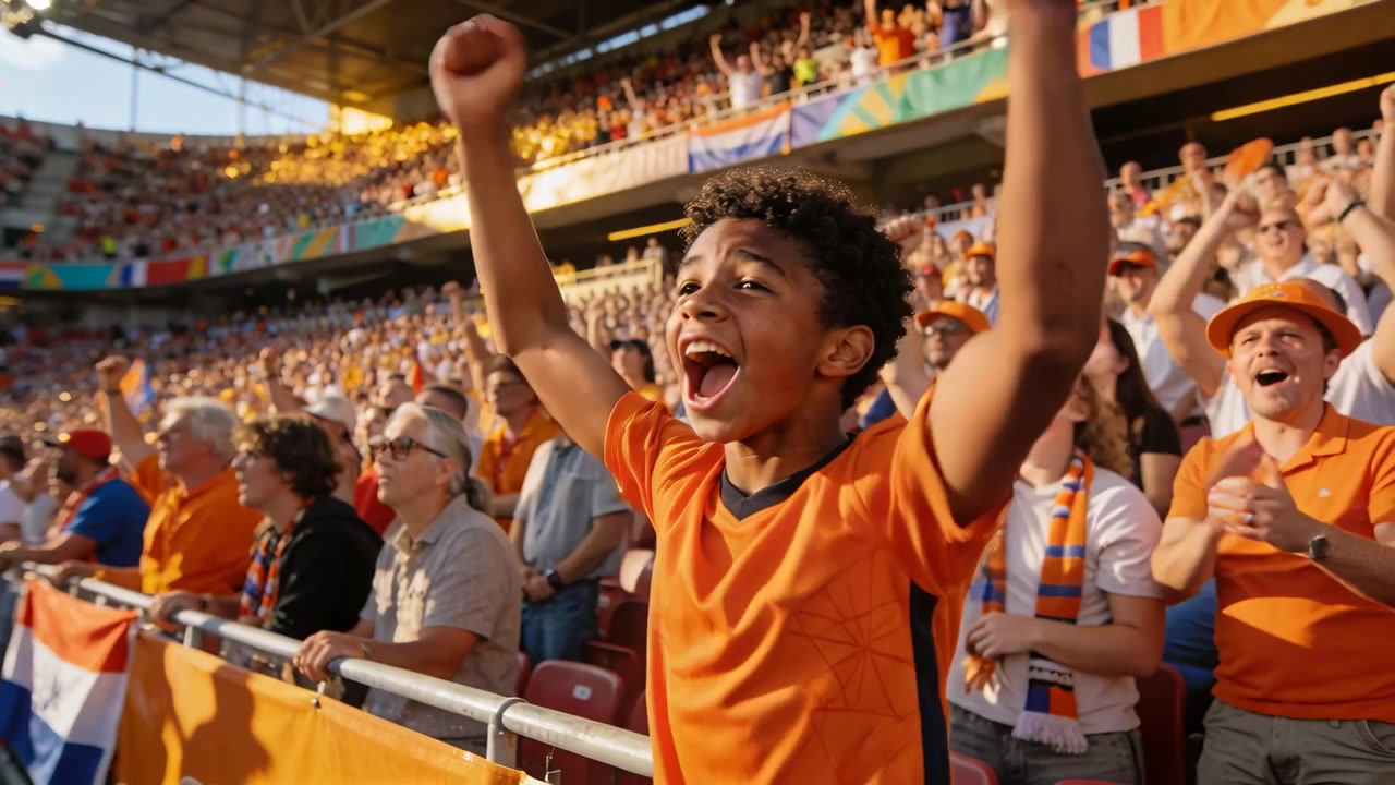 Después de un gol en el campo, un niño con camiseta naranja levanta los puños, anima y aplaude junto a la barandilla