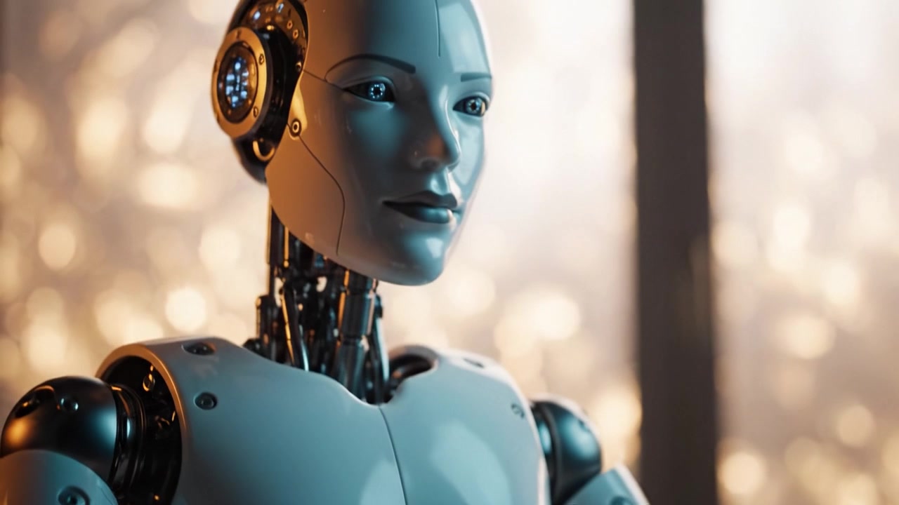 Un robot futuristico che interagisce con apparecchiature elettroniche, mostrando tecnologia avanzata e intelligenza artificiale in un ambiente accattivante di innovazione
