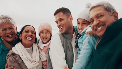 travel, happy and face of a big family on beach