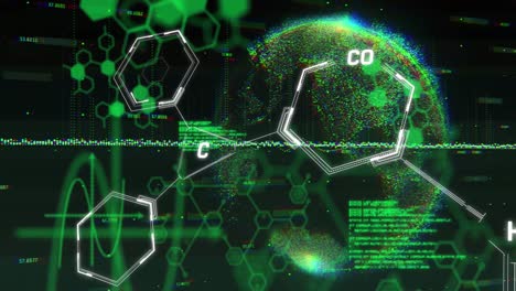Animation-Chemischer-Strukturen,-Rotierender-Globus-Und-Datenverarbeitung-Vor-Schwarzem-Hintergrund