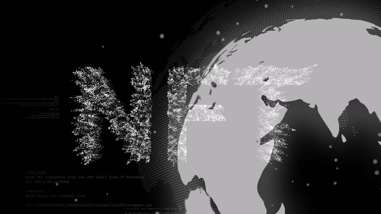 회전하는 지구 위의 nft 텍스트의 애니메이션