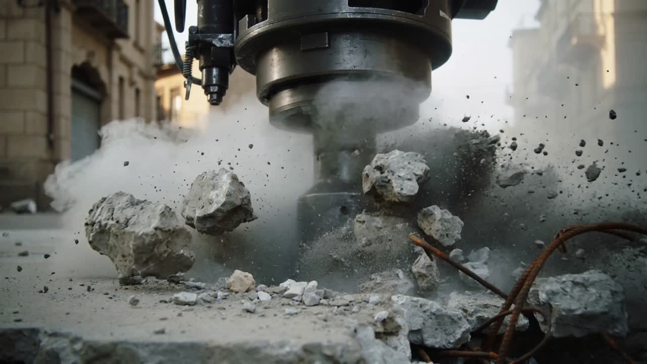 Uderzający młot hydrauliczny rozbijający płytę na miejskiej ulicy w celu jej usunięcia, odsłaniający zbrojenie i wzbijający kurz.