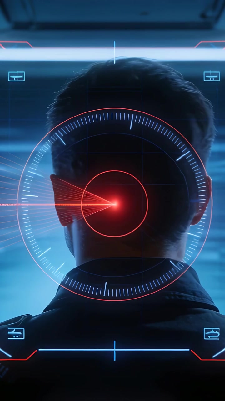 Vertical video: Engaging reticle locking onto man with dark jacket in tech bay, scanning ear