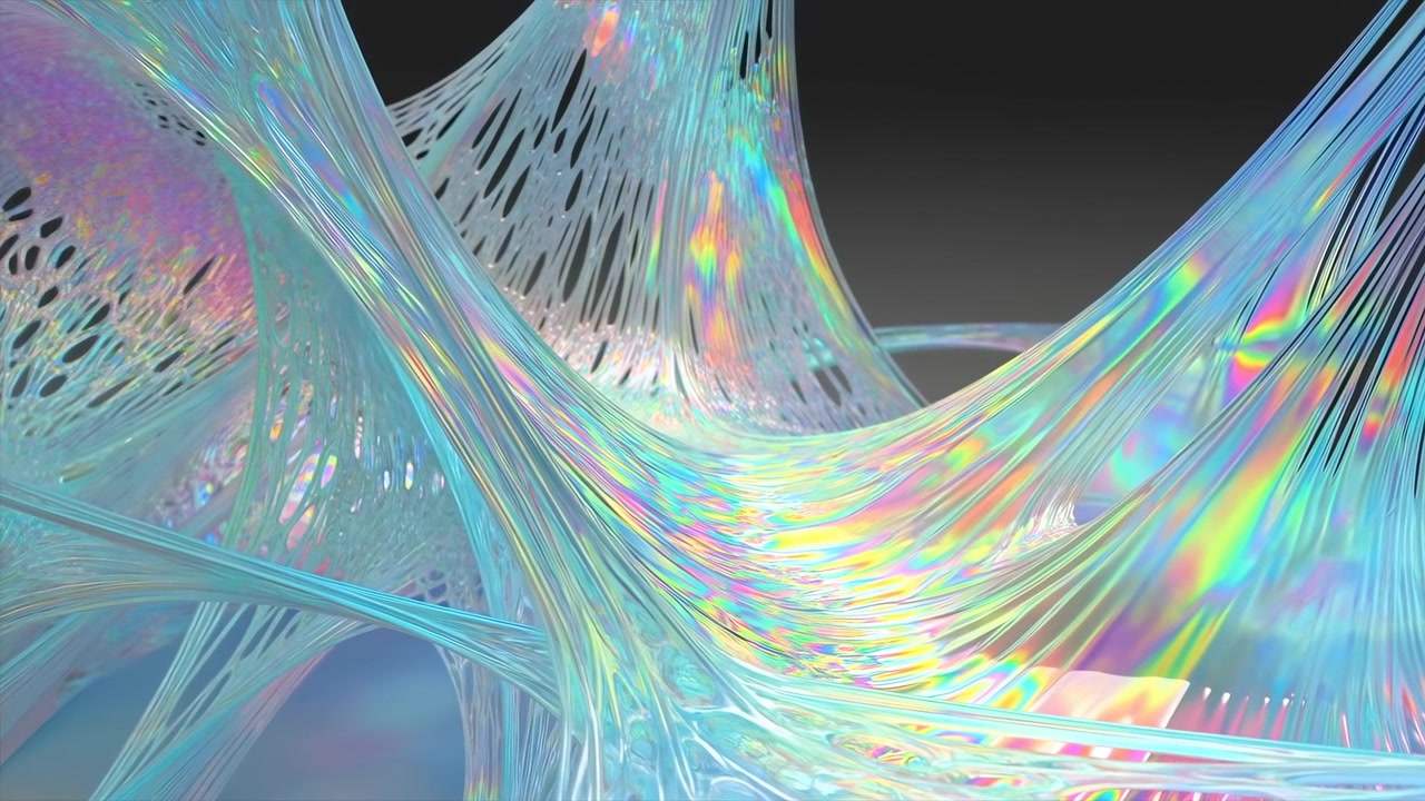 Iridescent Membrane Web With Reflections, Delicate Translucent Filaments Forming Biomorphic Architecture