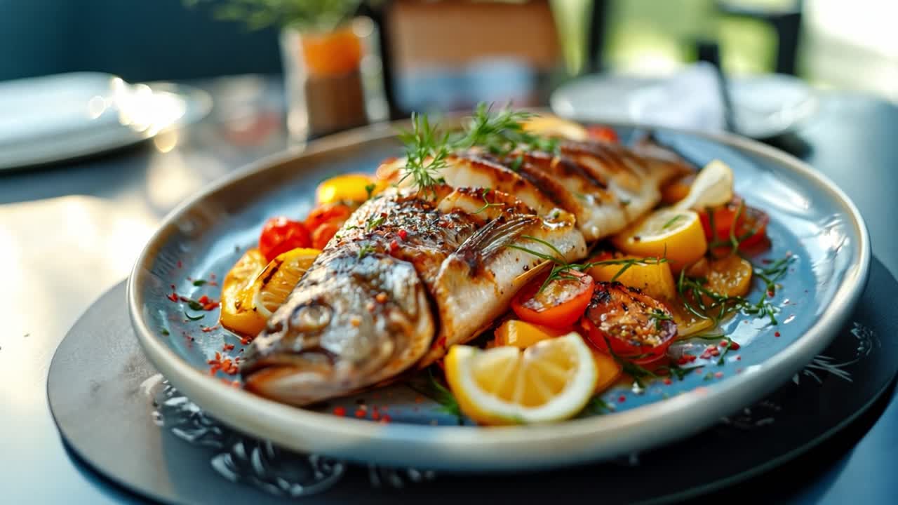 pescado a la parrilla con limón y tomates