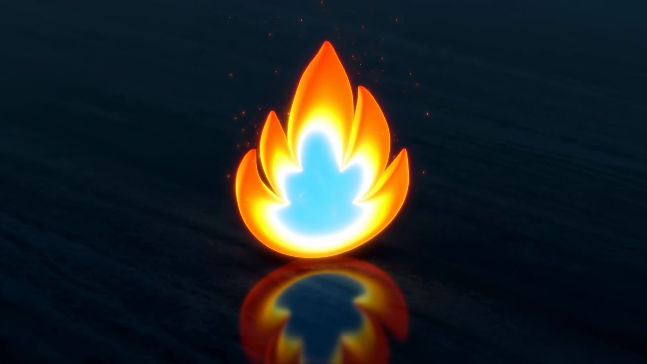 Lyst flammeformet ikon pulserer blidt og skifter position, med varme orange kanter, kølig blå midte, blank refleksion nedenunder, spredte gnister og dramatisk dæmpet belysning.