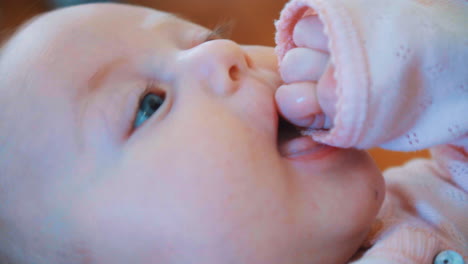 a newborn baby playing with his hand