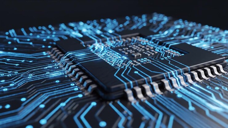 Futuristisk blåt lysende printplade og CPU-mikrochip, der behandler data