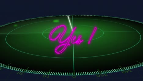 Animation-of-neon-purple-yes-text-banner-over-green-round-scanner-against-blue-background