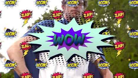 wow, zap and boom text on speech bubble against man in superhero costume