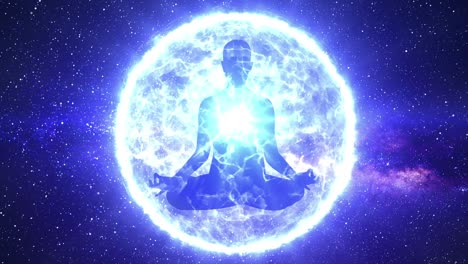 silueta de un hombre haciendo meditación de yoga envuelto en una esfera de energía o luz de aura con el chakra del corazón iluminado