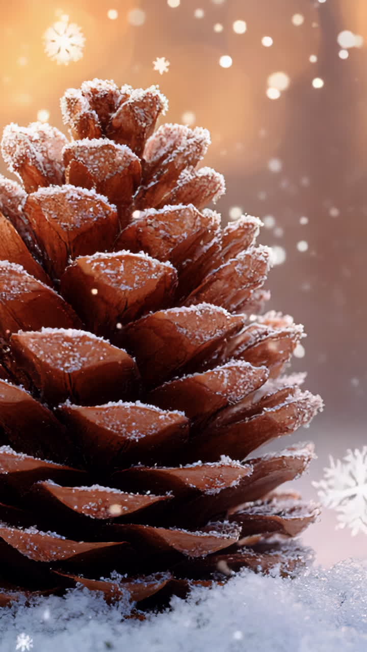 A pine cone is covered in snow and is sitting on the ground. The scene is set in a winter landscape with snow covering the ground