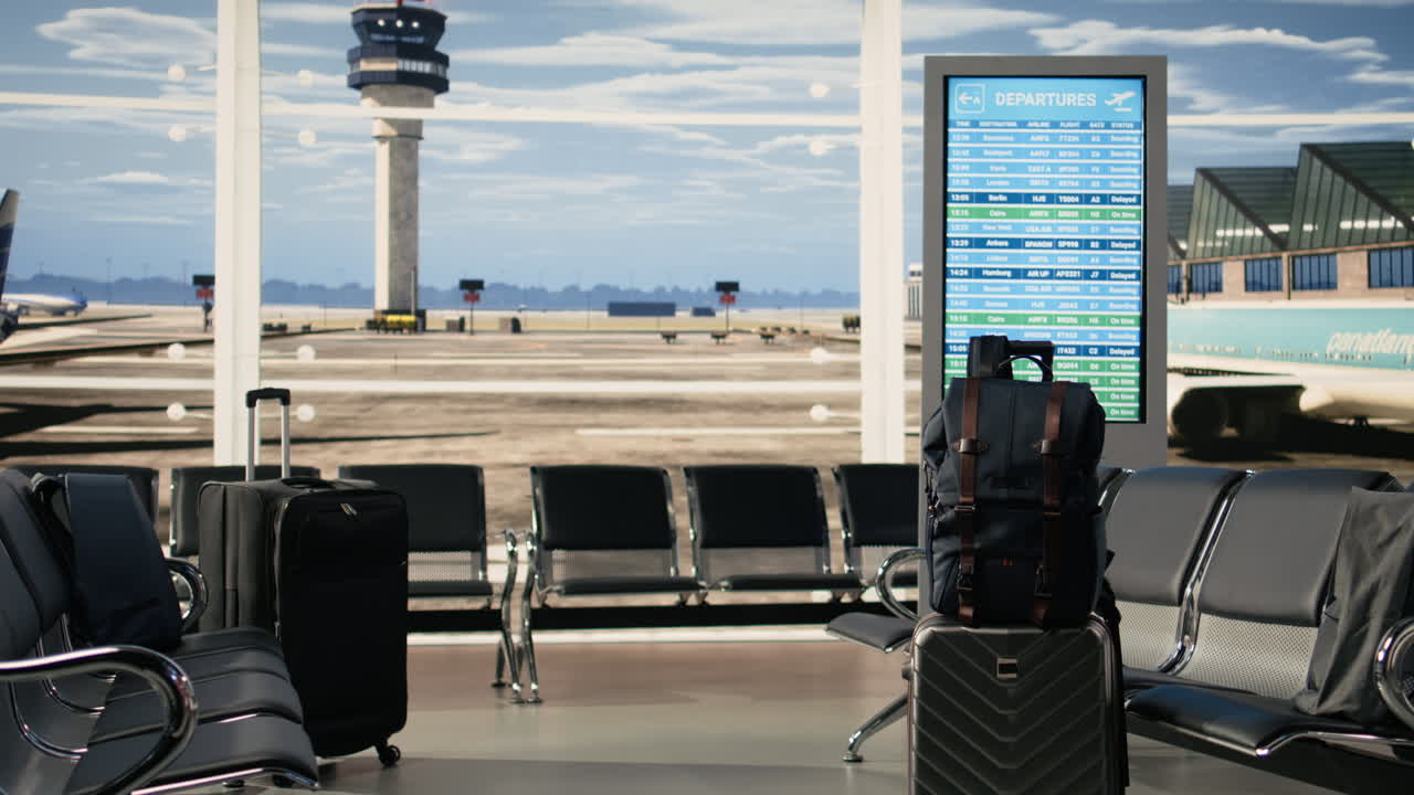 Lounge de embarque de aeroporto sem pessoas exibe tela de informações