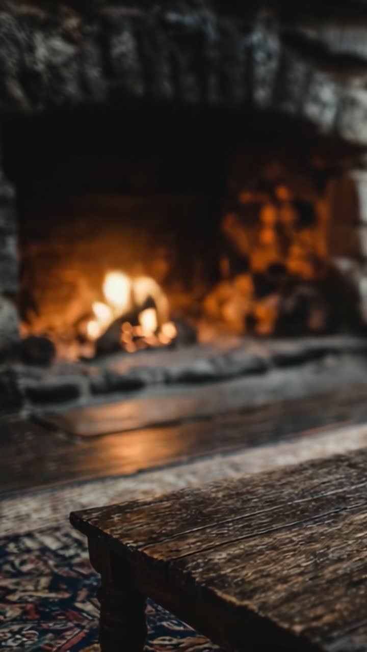 Serata accogliente accanto al camino: una scena calda e invitante con fiamme tremolanti e un tavolo di legno rustico che esalta l'atmosfera di un ambiente con focolare.