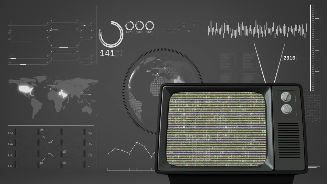 전 세계에 걸쳐 빈티지 tv의 애니메이션과 디지털 화면에 다양한 데이터