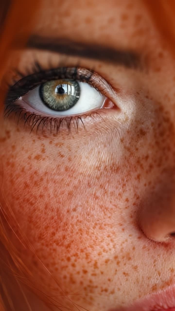 Primo piano del volto di una persona che evidenzia belle lentiggini e sorprendenti occhi verdi con uno sguardo intenso, catturato in due inquadrature distinte.