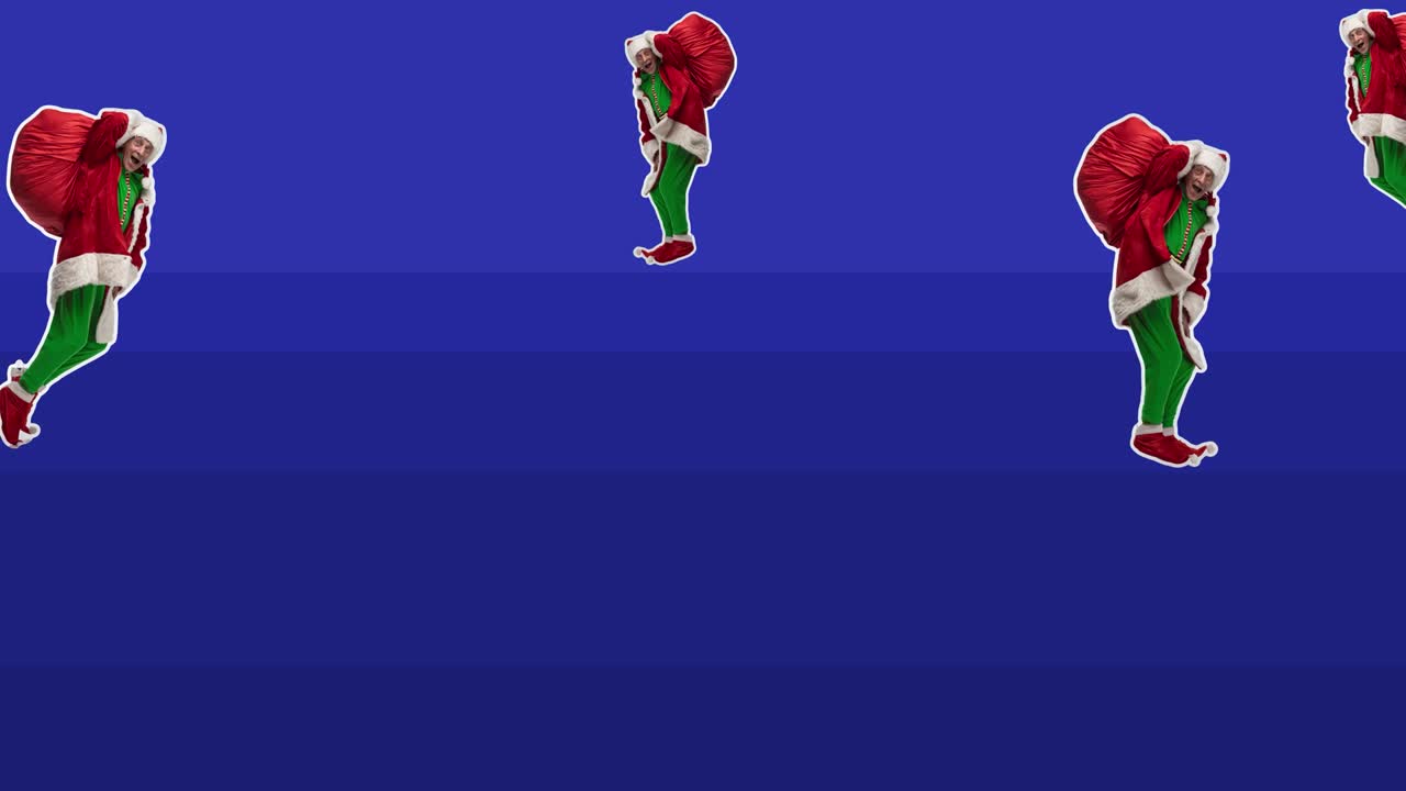 Happy Christmas, New Year. Stop motion design, art animation. Man as bad Santa Claus who stole the bag of gifts on blue. Funny, modern, conceptual, contemporary bright 4k artcollage. Party concept