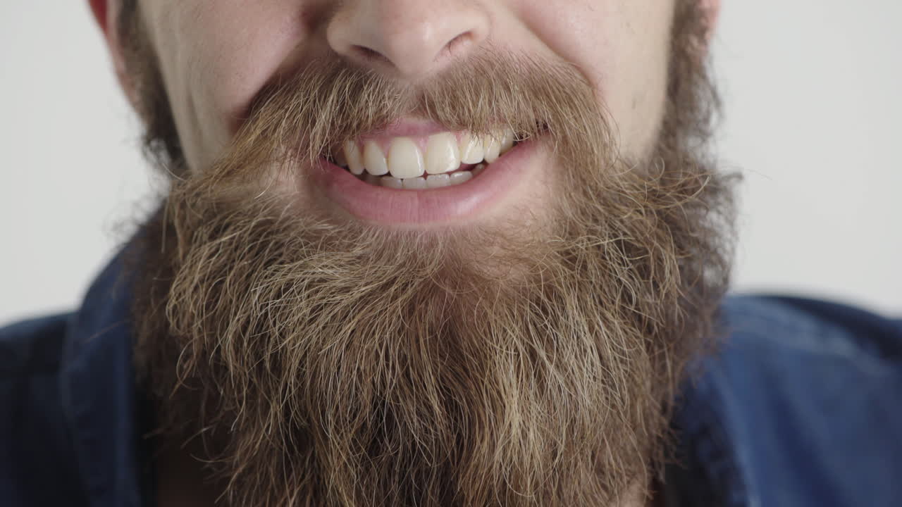 cerrar la boca del joven sonriendo expresión feliz barba hipster dientes blancos saludables mitad de la cara