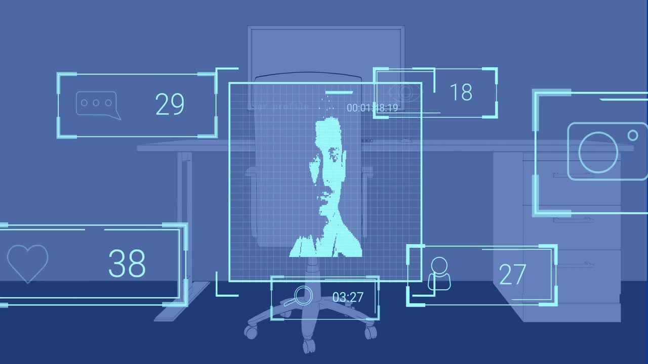 Animation of profile and social media icons against office desk