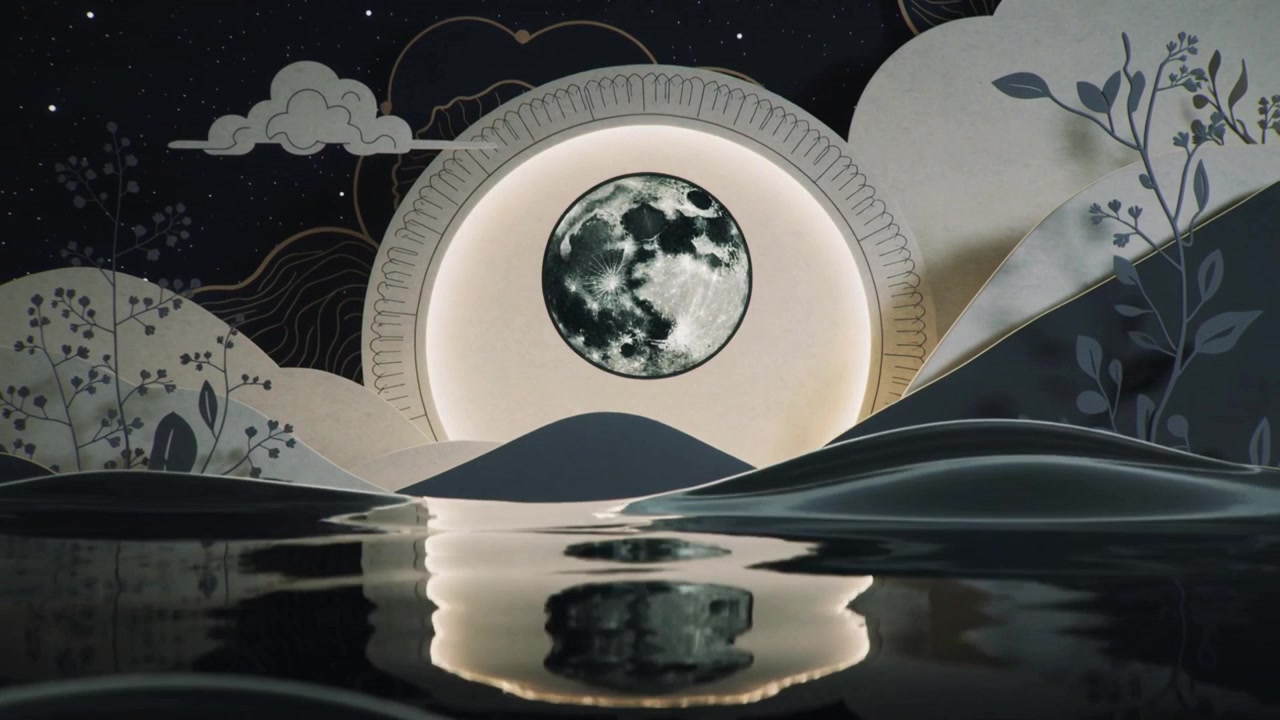 Acqua increspata da sinistra che deforma il riflesso del disco lunare in un mini set, arco retroilluminato, colline di carta