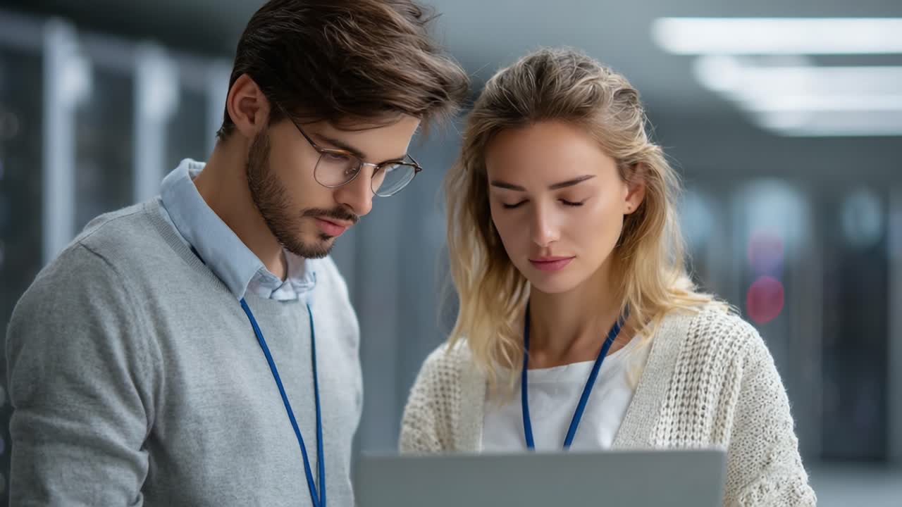Focused Collaboration: Two Professionals Analyzing Data on a Laptop in a Modern Office Environment
