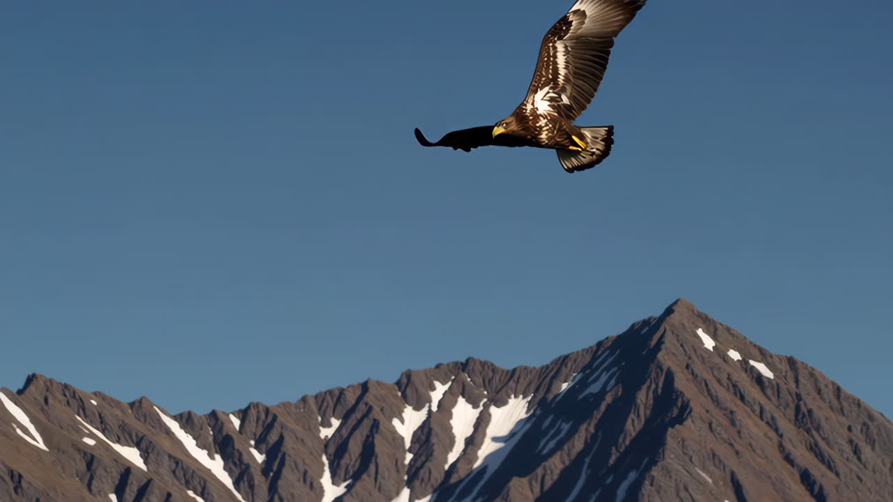 Black Eagle Soaring Over Snowy Mountains