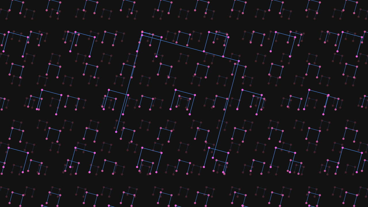 Abstract futuristic footage of glowing neon nodes connected by lines on a dark background, forming a seamless technology pattern ideal for digital, data, and science themed projects