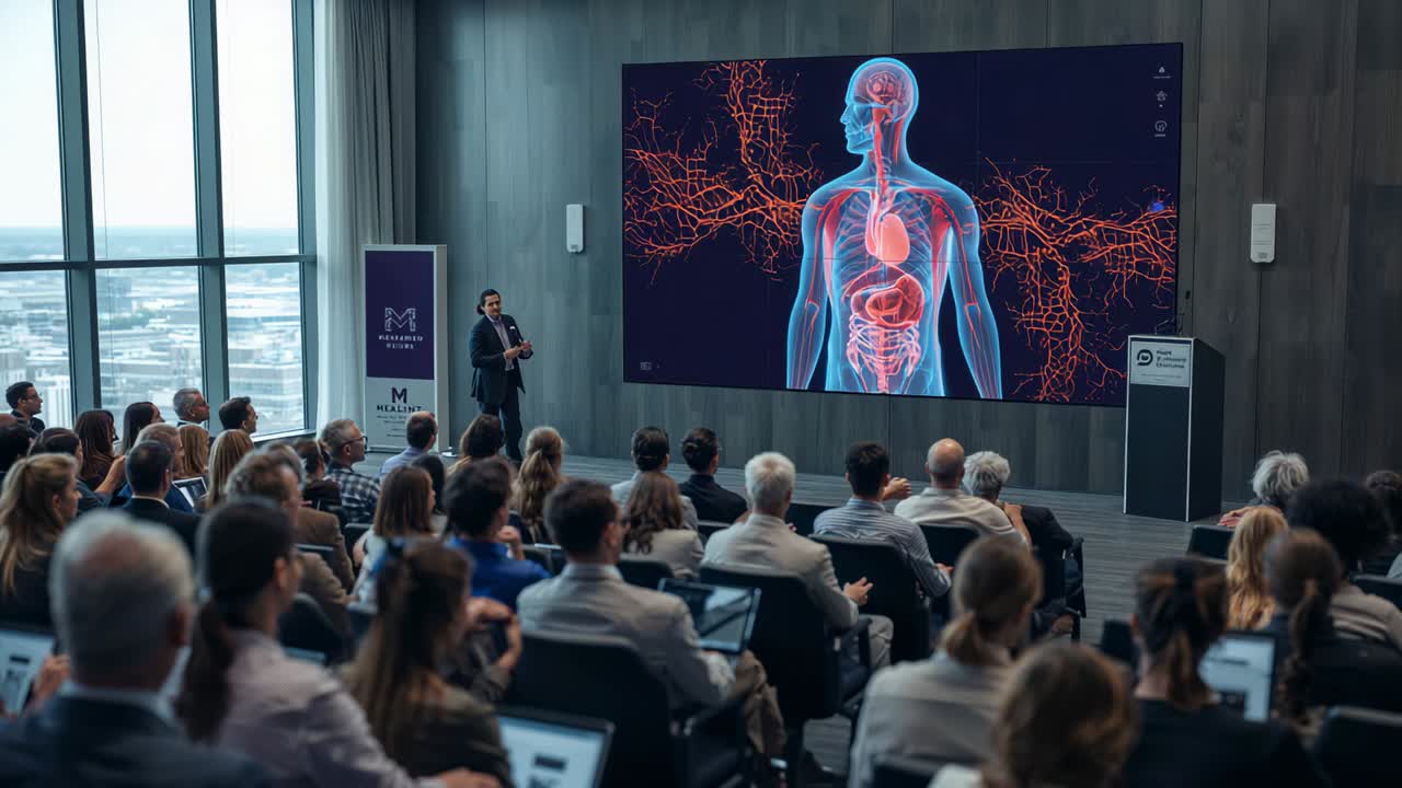 Explaining blazer-clad presenter gesturing toward chest onscreen at conference graphic drawing eyes
