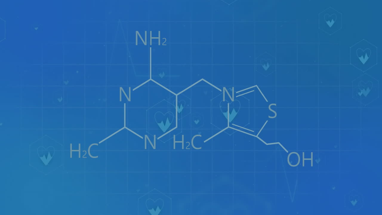 파란색 배경에 화학 공식과 심장의 애니메이션