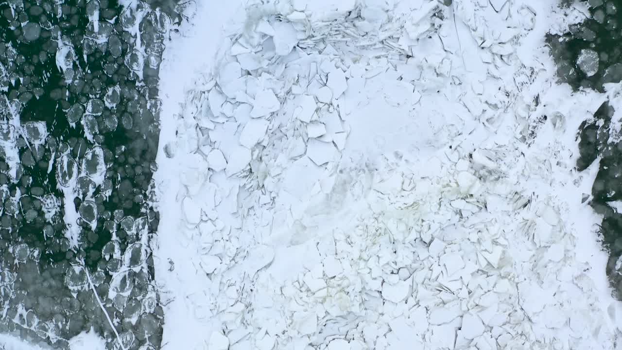 riprese aeree dall'alto verso il basso dello scioglimento dei ghiacci in un lago in fase di riscaldamento